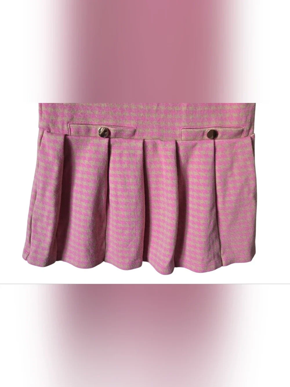 Janie and Jack Girls Siz 6 Dress Pink Gold Houndstooth Pleated Drop Waist Preppp